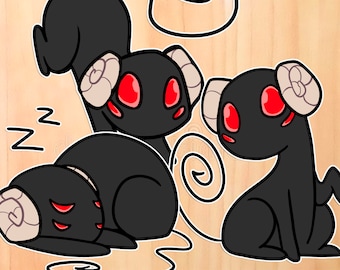 May include: Three black cartoon animals with red eyes and white horns. The animals are sleeping, sitting, and standing. The background is a light wood grain.