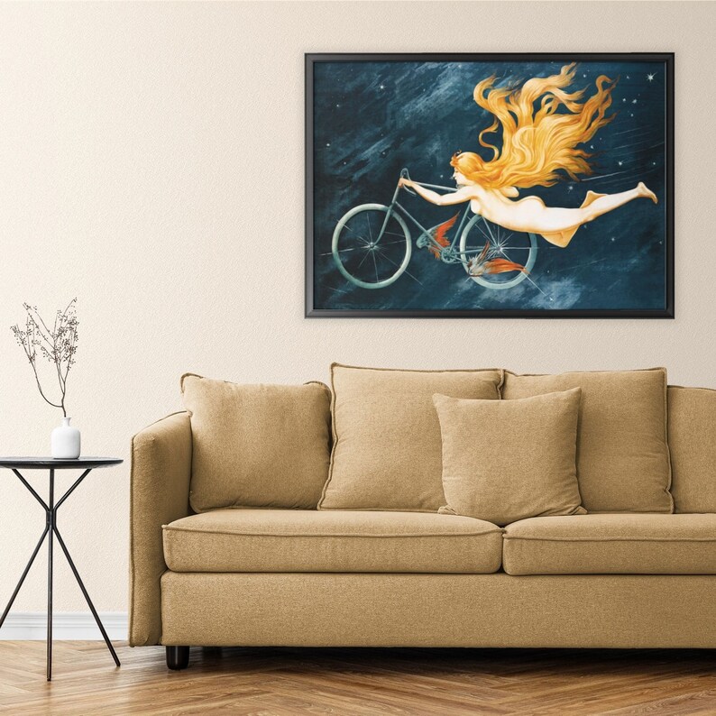 Fantasy illustration of a nude woman with flowing golden hair riding a bicycle among the stars, evoking a sense of dreamlike freedom and celestial adventure