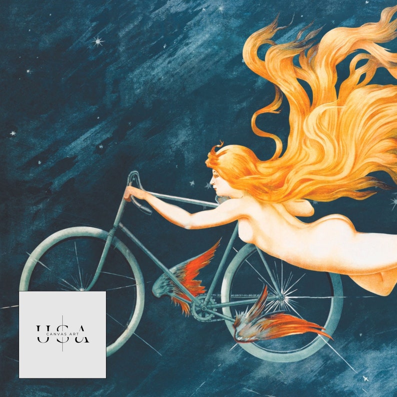 Fantasy illustration of a nude woman with flowing golden hair riding a bicycle among the stars, evoking a sense of dreamlike freedom and celestial adventure