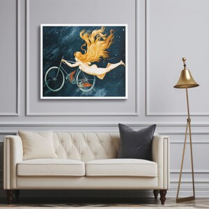 Fantasy illustration of a nude woman with flowing golden hair riding a bicycle among the stars, evoking a sense of dreamlike freedom and celestial adventure