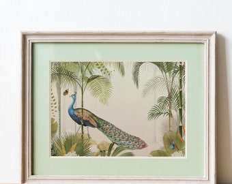 Majestätisch Pfau: Tropische Vogel Illustration mit üppigem Grün und Schmetterling Detail | Vogel ART PRINT druckbare Kunst