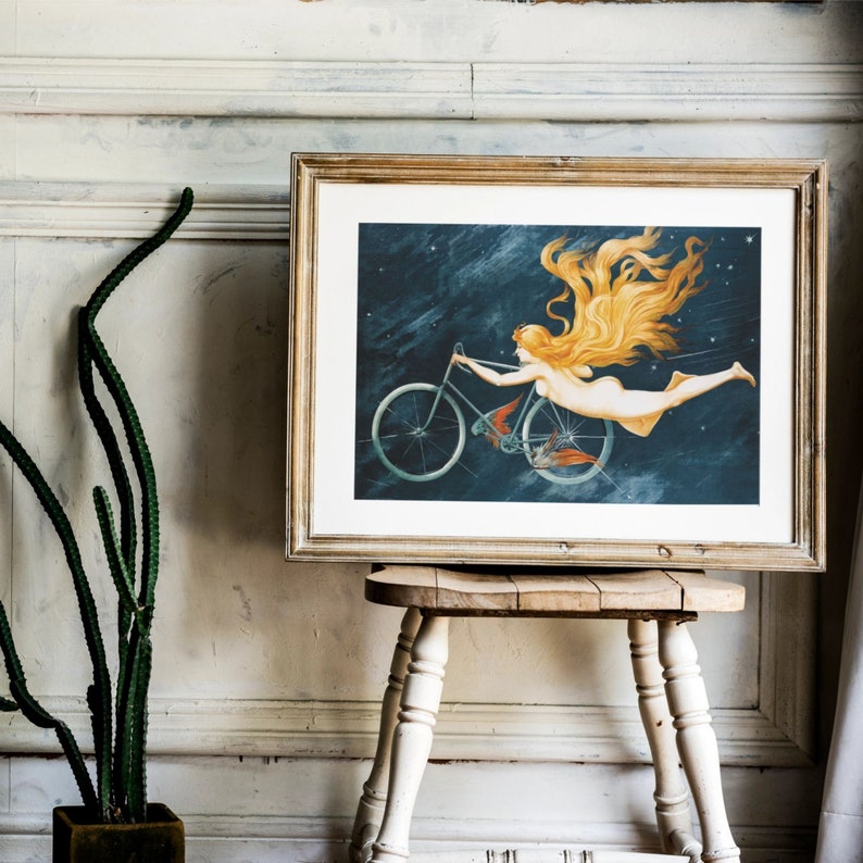 Fantasy illustration of a nude woman with flowing golden hair riding a bicycle among the stars, evoking a sense of dreamlike freedom and celestial adventure