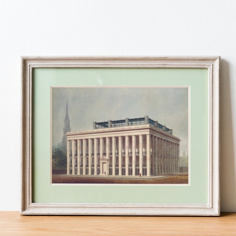 19th-century watercolor illustration by Alexander Jackson Davis of the Astor House in New York City, showcasing neoclassical architecture with grand columns, detailed balustrades, and pedestrians in period clothing