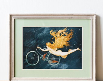 Stellar Dreams: Ethereal Nude Figure with Flowing Hair Riding a Bicycle in Starry Cosmos | Whimsical and Fantasy Art Poster