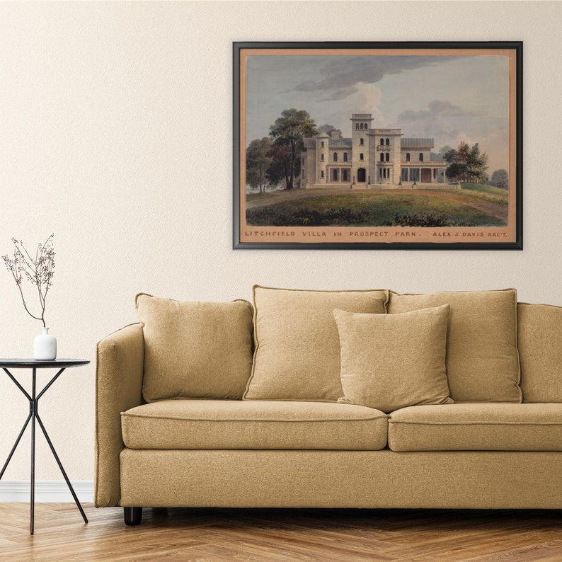 Litchfield Villa painting by Alexander Jackson Davis, Italianate architecture in Prospect Park, historical Brooklyn mansion artwork.