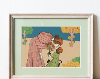 Autumn Affection: Vintage Autumn Decor Mother and Child as Printable Art | Art Nouveau Style