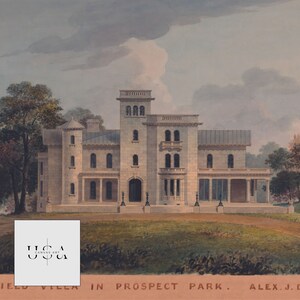 Litchfield Villa painting by Alexander Jackson Davis, Italianate architecture in Prospect Park, historical Brooklyn mansion artwork.