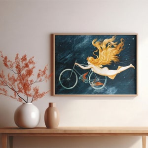 Fantasy illustration of a nude woman with flowing golden hair riding a bicycle among the stars, evoking a sense of dreamlike freedom and celestial adventure