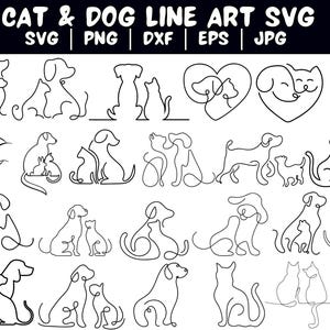 Cat and dog line art silhouette svg, Cat and dog silhouette, Cat and dog clipart, Friendship animal, Pet lovers svg, Elegant Cat Line Art
