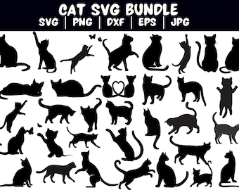 Può includere: Un set di 25 file di taglio SVG di silhouette di gatti neri. I gatti sono in varie pose, tra cui seduti, in piedi, sdraiati e saltando. I file SVG possono essere utilizzati per l'artigianato, lo scrapbooking e altri progetti creativi.