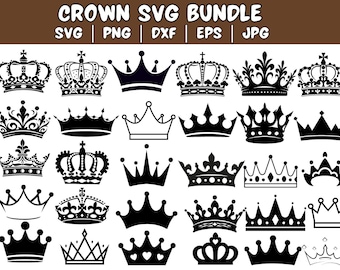 May include: A set of 25 black and white crown SVG files. The crowns are in various styles, including simple, ornate, and regal.  SVG, PNG, DXF, EPS, and JPG file formats are included.
