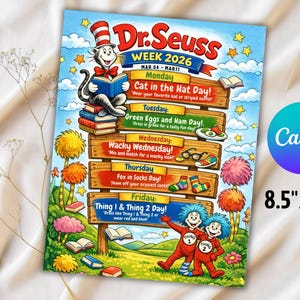 May include: A colorful Dr. Seuss-themed weekly planner, 8.5" x 11", featuring the Cat in the Hat, Thing 1 and Thing 2, and other characters. The planner includes daily themes for the week of March 4-11, 2026.