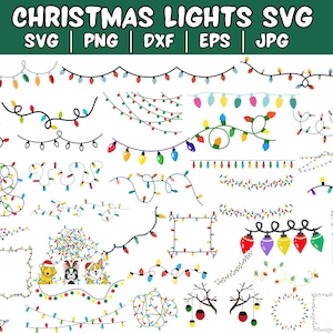 Puede incluir: Un conjunto de 25 archivos de corte SVG de cadena de luces navideñas de colores. Las luces son de varias formas y tamaños, incluyendo líneas rectas, curvas y círculos. También hay algunas luces con un aspecto más enredado. Las luces son de varios colores, incluyendo rojo, verde, azul, amarillo y blanco.