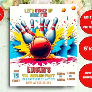 Editable Bowling Invitation, Let's Strike Up Some Fun, Birthday Bowling, Printable or Digital Invitation