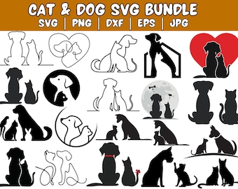 Cat and Dog Silhouette SVG Bundle: Friendship Animal Clipart (Digital Download)