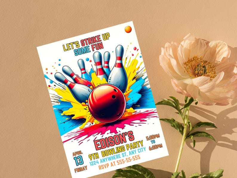 Editable Bowling Invitation, Let's Strike Up Some Fun, Birthday Bowling, Printable or Digital Invitation