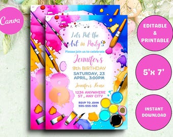 Könnte beinhalten: Editierbare Geburtstagseinladung im Format 12,7x17,8 cm mit einem Aquarell-Farbklecks-Design. Die Einladung lautet "Let's Put the Art in Party" und enthält den Text "Jennifer's 9th Birthday, Saturday, 23 April, 3:00PM, Jennifer's House, 1234 Anywhere St, Any City, RSVP to John 555-555-555".