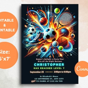 Sports Birthday Invitation Baseball Basketball Football Printable Sports Theme Invite Glow ALL STAR SPORTS Invite Template Instant Download