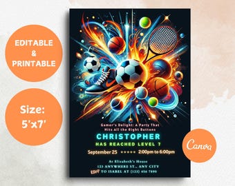 May include: A colorful invitation for a birthday party with a sports theme. The invitation features a basketball, soccer ball, tennis racket, and a sneaker. The text on the invitation reads "Gamer's Delight: A Party That Hits All the Right Buttons Christopher Has Reached Level 7 September 25 ***** 2:00pm to 6:00pm At Elizabeth's House 123 ANYWHERE ST.. ANY CITY RSVP TO ISABEL AT (123) 456 7890".