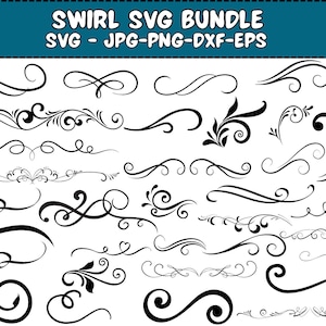 Op de afbeelding: Een verzameling zwarte krulontwerpen in verschillende vormen en maten, waaronder krullen, krullen en decoratieve lijnen. De afbeelding bevat de tekst "SWIRL SVG BUNDLE" en bestandsinfo: SVG, JPG, PNG, DXF, EPS.