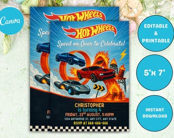 Invito modificabile per festa di compleanno con auto da corsa: modello Canva (download digitale)