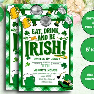 Eat Drink & Be Irish Invitation Template Printable Adult St. Patricks Day Party Invite Editable Shamrock Green Beer Cheers Invite Download