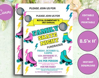 Editable Skate Night Flyer: Roller Skating Fundraiser (Instant Download)