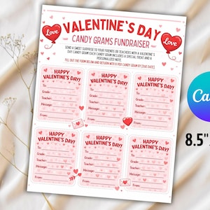 May include: A Valentine's Day Candy Grams fundraiser sheet with a pink and white design. The sheet includes fill-in-the-blank sections for recipients and senders, with heart and envelope graphics. The sheet is 21.6 cm x 27.9 cm and features the Canva logo.