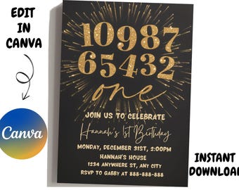 Invito per il primo compleanno di Capodanno: modello per il conto alla rovescia (download digitale)