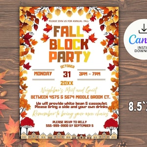 Puede incluir: Una invitación rectangular para una Fall Block Party, con texto y gráficos con temática otoñal. El diseño incluye hojas de otoño, las palabras "Fall Block Party" y detalles del evento. La invitación está disponible para descarga instantánea.