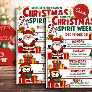 Customizable Holiday School Spirit Week Flyer, PTO Schedule, December Itinerary, Xmas PTA, Editable in Canva, Christmas Newsletter, Events