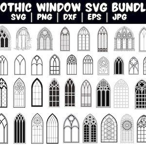 May include: A set of 36 black and white gothic window SVG designs. The windows are all different shapes and sizes, with some featuring intricate details like stained glass.