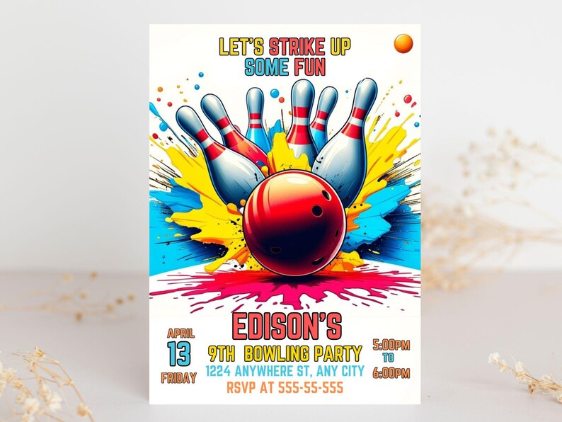 Editable Bowling Invitation, Let's Strike Up Some Fun, Birthday Bowling, Printable or Digital Invitation