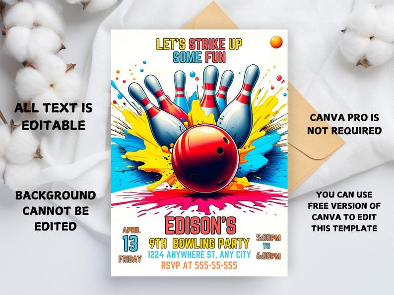 Editable Bowling Invitation, Let's Strike Up Some Fun, Birthday Bowling, Printable or Digital Invitation