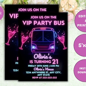Party Bus Einladung, jedes Thema, rosa Geburtstag einladen, Ladies Night Out, bearbeitbare Vorlage, digitales Evite, druckbare Karte, Sofort Download
