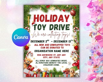May include: A festive flyer for a Holiday Toy Drive, featuring text in red and green with a Santa hat graphic. The flyer includes details about toy collection dates, donation instructions, and a list of toys to donate.