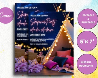 Invito di compleanno per pigiama party: tenda da campeggio, modificabile e stampabile (download digitale)