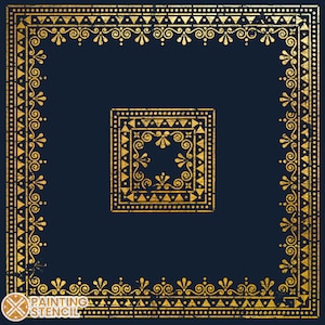 May include: A gold stencil featuring a square frame with a smaller square frame inside. The stencil has a geometric pattern with dots, triangles, and swirls.