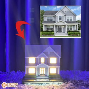 May include: A gray house-shaped night light with illuminated windows and a small image of a house in the background. The base of the night light has text that reads "Happy Birthday Mom". The night light is on a fluffy surface.