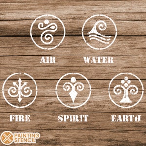 May include: Five white circles on a wood background with symbols representing the elements: air, water, fire, spirit, and earth. The words "AIR", "WATER", "FIRE", "SPIRIT", and "EARTH" are written below each circle.
