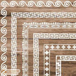 May include: White border stencils in various geometric and scroll designs are displayed on a brown wooden surface. The stencils include Greek key patterns, dotted lines, and floral motifs. The words "PAINTING STENCIL" are visible in the lower left corner.