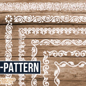 Könnte beinhalten: Sechs weiße dekorative Bordürenmuster auf braunem Holzgrund. Die Muster umfassen florale und scrollartige Designs. Der Text "6-PATTERN" ist in Weiß auf einem dunkelblauen Rechteck dargestellt. Das Painting Stencil-Logo befindet sich unten links.