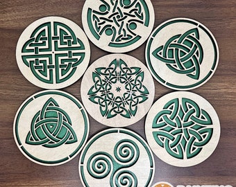 Set of 7 Celtic Coasters, Celtic Coaster Set (7 pcs), Celtic Coasters for Drinks, Celtic Design Wooden Coasters, Wooden Coasters