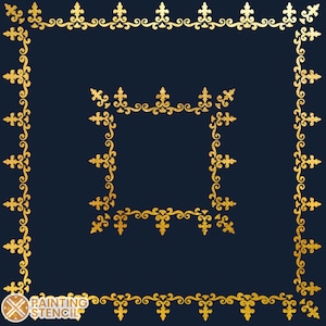 May include: Gold stencil featuring an ornate decorative frame design. The stencil is ideal for adding a touch of elegance to walls, furniture, or crafts.
