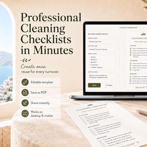 May include: A digital cleaning checklist template displayed on a laptop screen and a smartphone, with a printed paper version and a pen. The text reads Professional Cleaning Checklists in Minutes, Create once, reuse for every turnover, and Cleaning Checklist.
