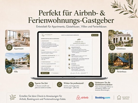 Airbnb Check-In-Checklisten-Generator | Bearbeitbarer Abreiseleitfaden für Gäste, druckbares PDF & digitale HTML-Datei