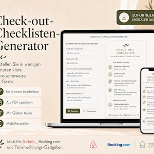 Airbnb Check-out-Checklisten-Generator | Bearbeitbarer Abreiseleitfaden für Gäste, druckbares PDF & digitale HTML-Datei bild 1