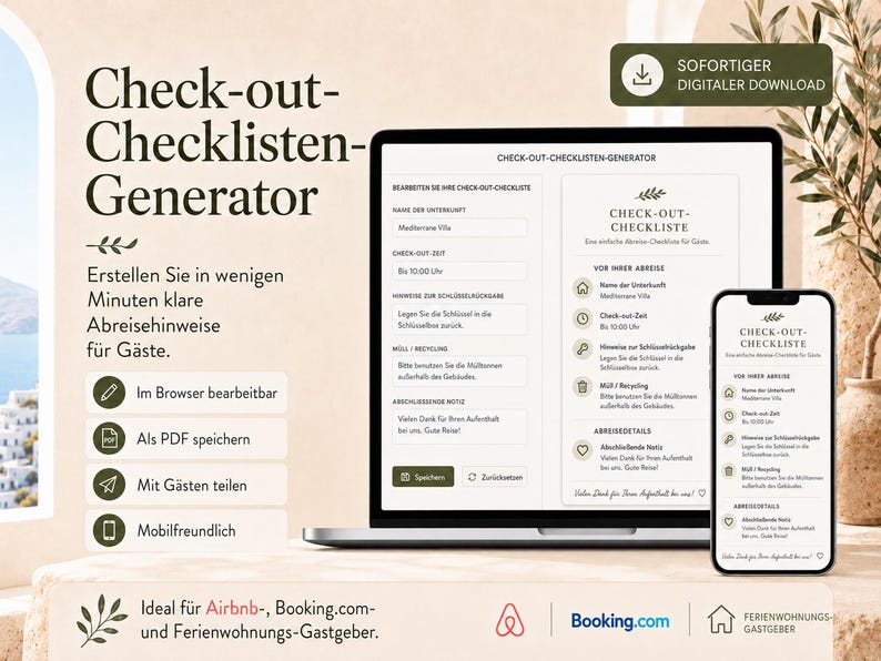 Airbnb Check-out-Checklisten-Generator | Bearbeitbarer Abreiseleitfaden für Gäste, druckbares PDF & digitale HTML-Datei bild 1