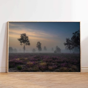 Impression sur toile photo lever du soleil dans le champ de bruyère, affiches photos d'art mural, peintures d'affiches de nature de paysage, affiches d'art mural