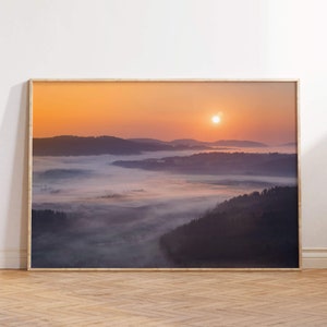 Amanecer en las montañas, paisaje de amanecer de niebla matutina, impresiones de arte de amanecer carteles de pared, pinturas de carteles de amanecer de naturaleza